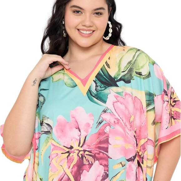 Plus Size Kaftan Dress Polyester Maxi Cover Up Summer Beach V-Neck - Picture 5 of 7